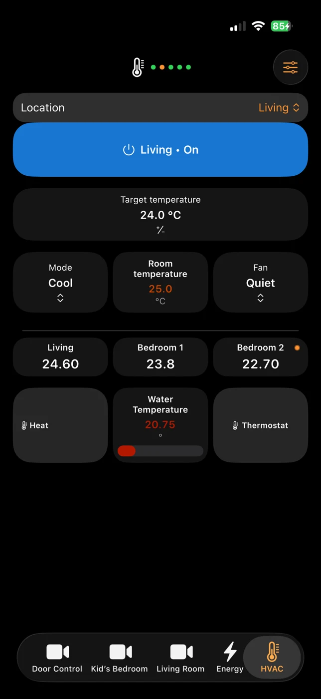 Air conditioning dashboard with temperature and mode controls