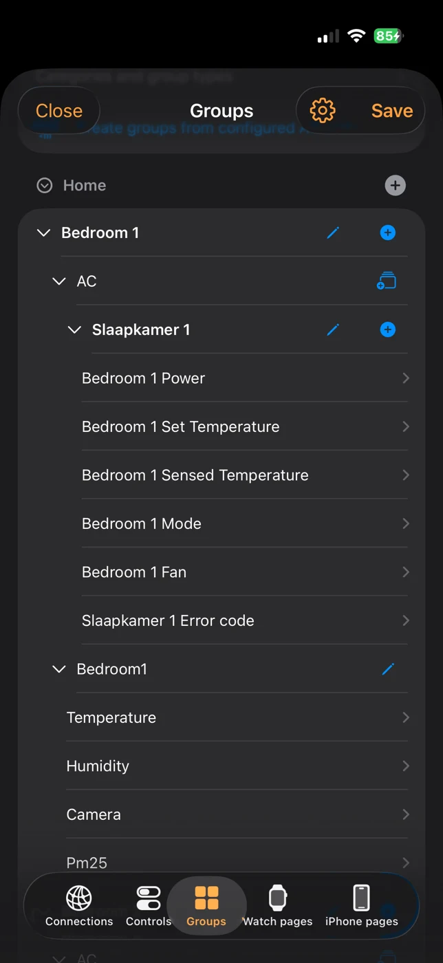 Controls organized into rooms and devices
